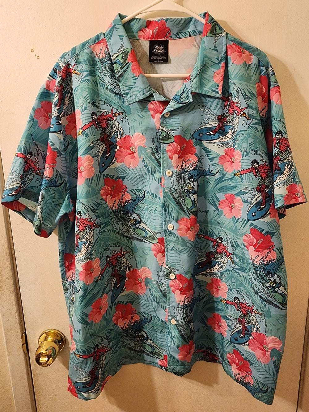 Batman Joker Surfing Hawaiian Button-Up Shirt - Teal & Pink - Hibiscus Floral